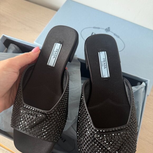NWT Prada Slide Sandals Black Satin Crystal Embellishment Allover Triangle Logo - Picture 7 of 12